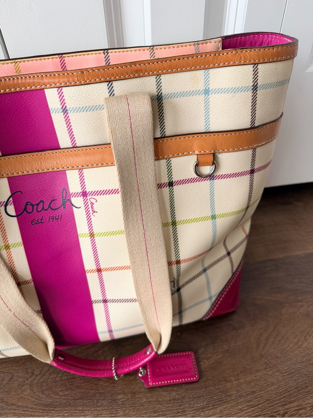 COACH | Heritage Stripe Tattersall Plaid Tote | Plaid Shoulder Bag | Travel Tote - Picture 5 of 17